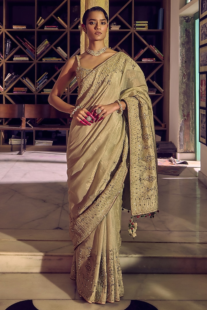 Gold Banarasi Tissue Silk Mirror Embroidered Saree Set by Punit Balana