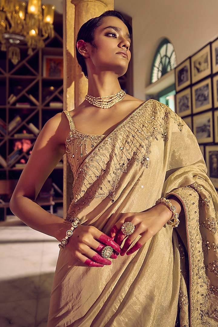Gold Banarasi Tissue Silk Mirror Embroidered Reception Saree Set by Punit Balana at Pernia's Pop Up Shop