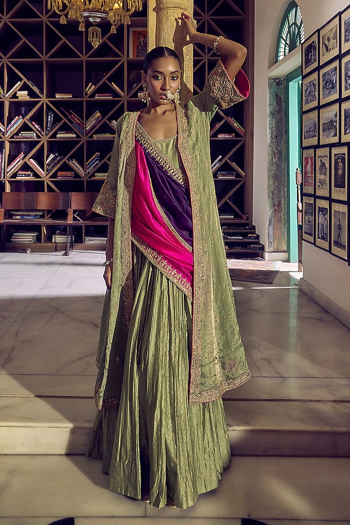 Sage Green Chanderi Foil Printed Anarkali Set by Punit Balana