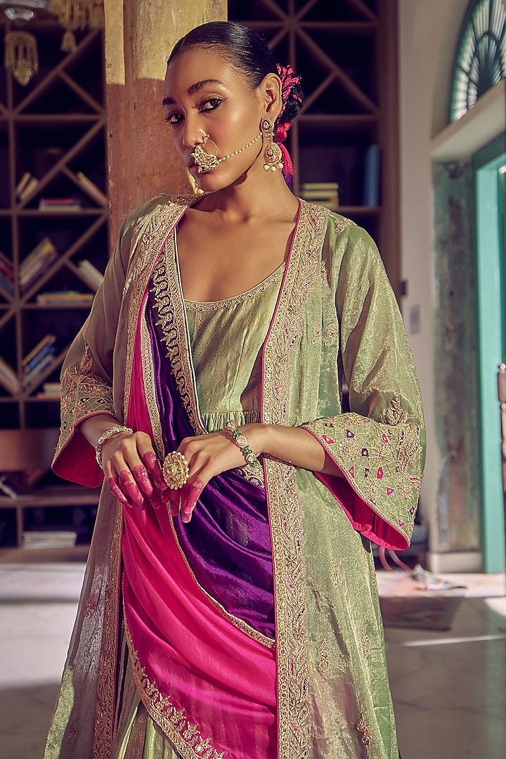 Sage Green Chanderi Foil Printed Bridal Anarkali Set by Punit Balana at Pernia's Pop Up Shop