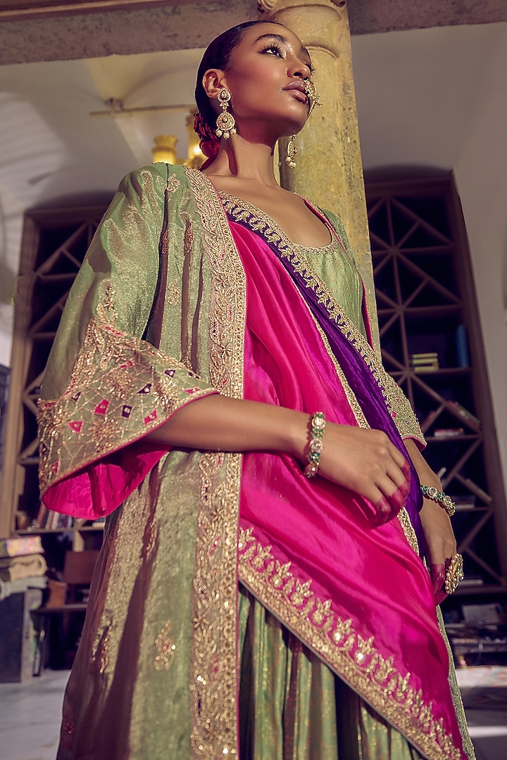 Sage Green Chanderi Foil Printed Bridal Anarkali Set by Punit Balana at Pernia's Pop Up Shop
