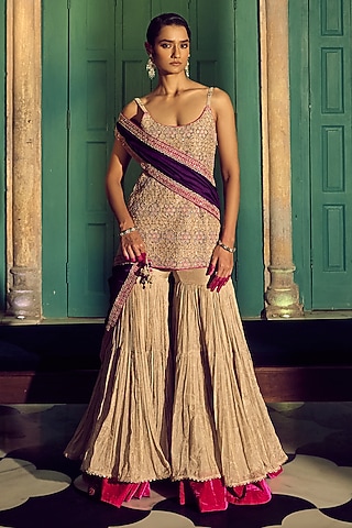 Gold Banarasi Tissue Silk Mirror Embroidered Gharara Set by Punit Balana