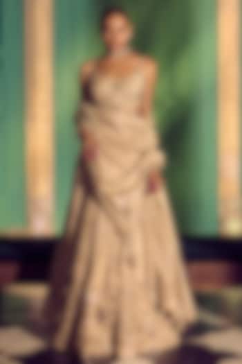 Gold Banarasi Tissue Silk Foil Embroidered Bridal Lehenga Set by Punit Balana at Pernia's Pop Up Shop