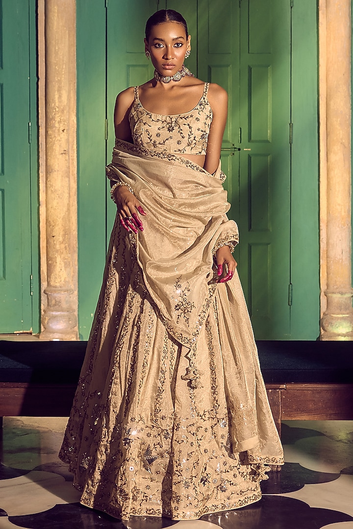 Gold Banarasi Tissue Silk Foil Embroidered Bridal Lehenga Set by Punit Balana at Pernia's Pop Up Shop
