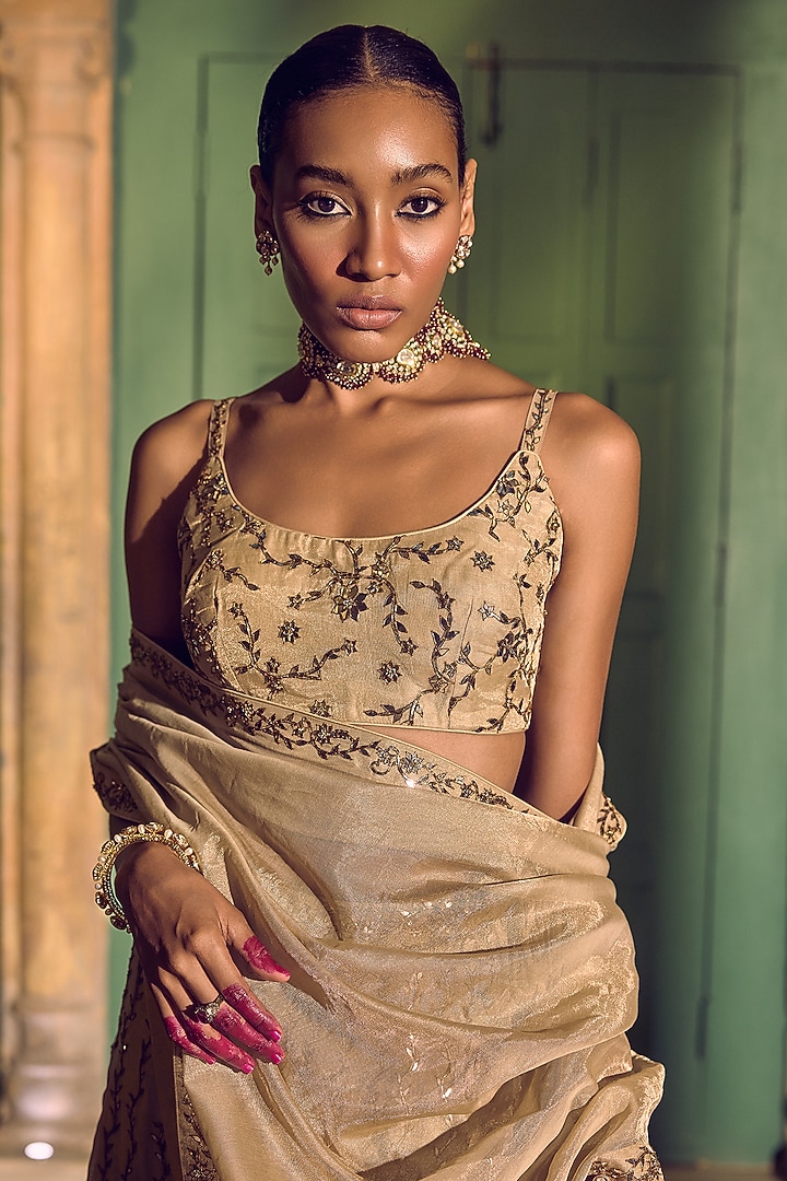 Gold Banarasi Tissue Silk Foil Embroidered Bridal Lehenga Set by Punit Balana at Pernia's Pop Up Shop