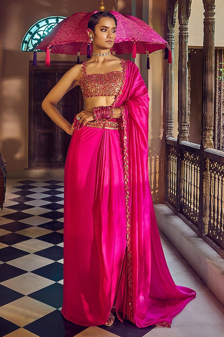 Gulabi Gulaal Silk Resham Embroidered Draped Saree Set by Punit Balana