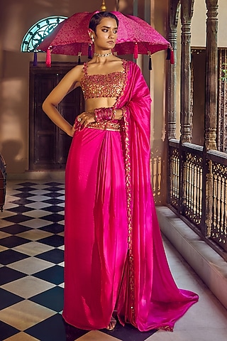 Gulabi Gulaal Silk Resham Embroidered Draped Saree Set by Punit Balana
