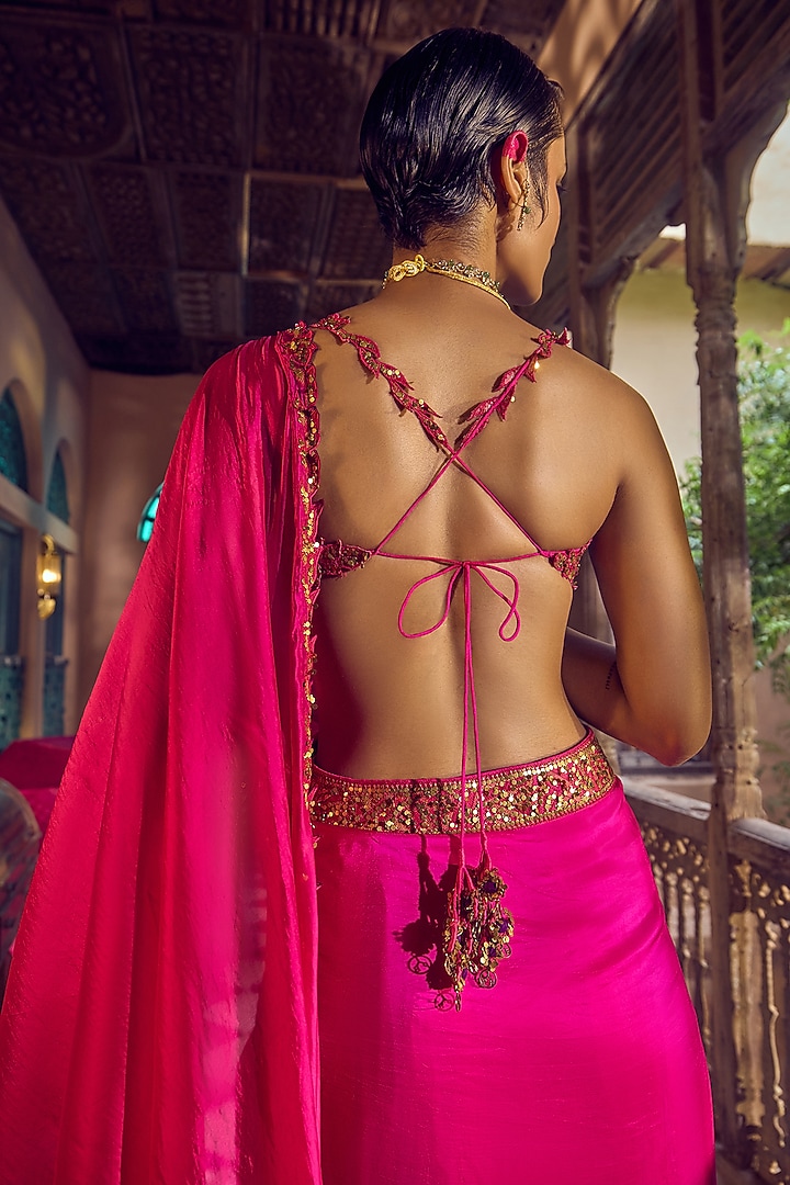 Gulabi Gulaal Silk Resham Embroidered Draped Wedding Saree Set by Punit Balana at Pernia's Pop Up Shop