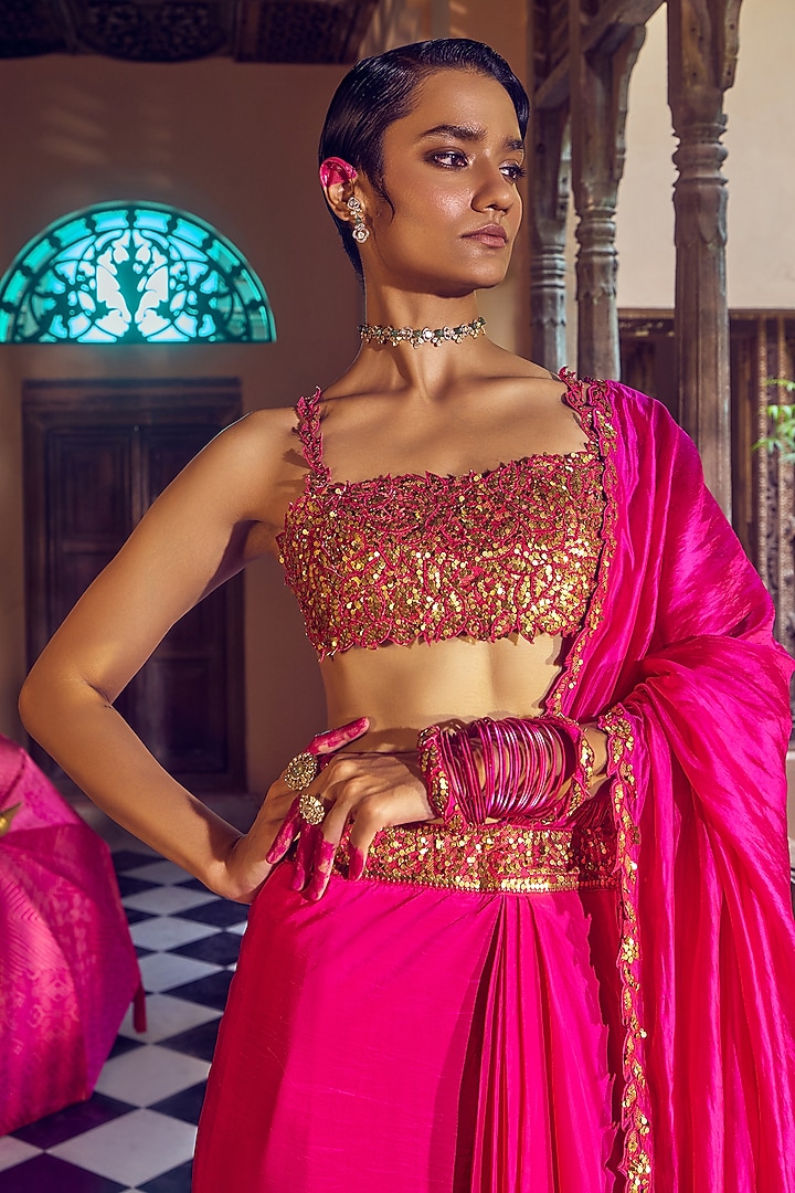 Gulabi Gulaal Silk Resham Embroidered Draped Wedding Saree Set by Punit Balana at Pernia's Pop Up Shop
