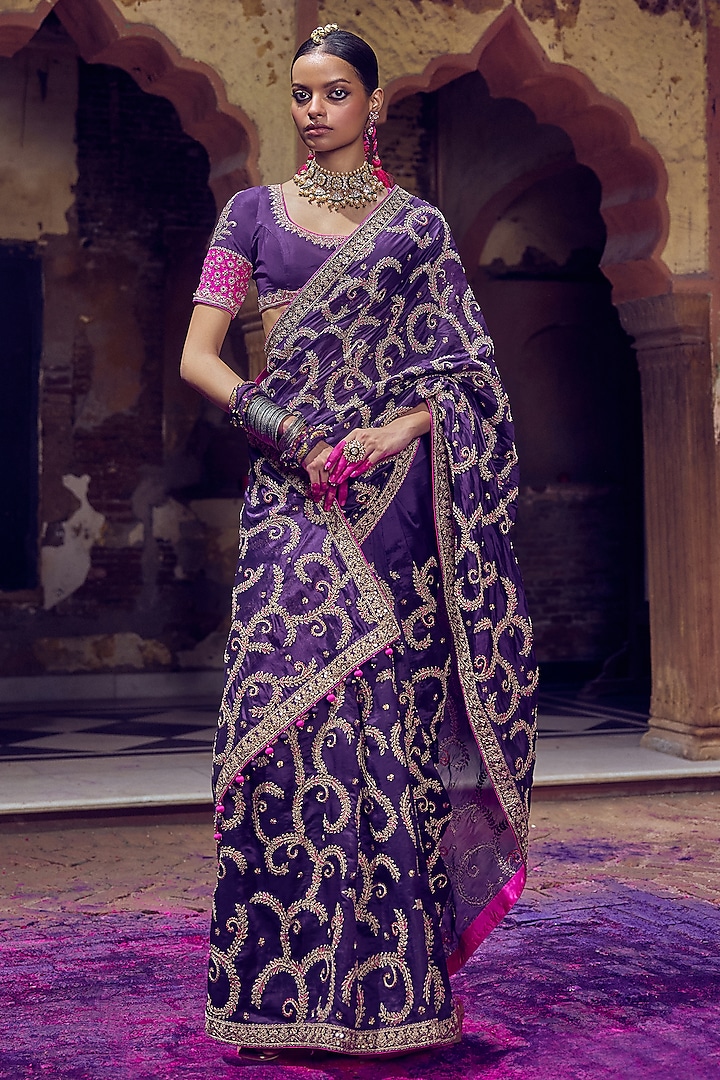 Baigani Organza Silk Zardosi & Marodi Embroidered Saree Set by Punit Balana