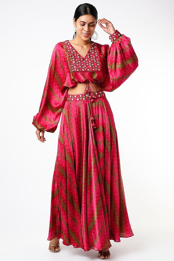 Cherry Red Embroidered Skirt Set by Punit Balana