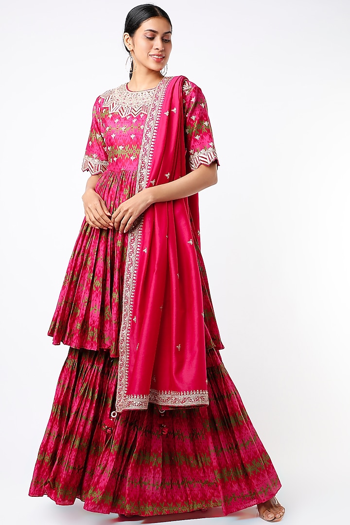 Cherry Red Digital Printed Gharara Set by Punit Balana