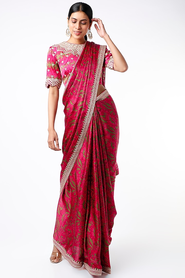 Cherry Red Satin Digital Printed Wedding Saree Set by Punit Balana at Pernia's Pop Up Shop