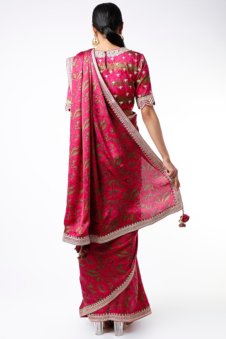 Cherry Red Satin Digital Printed Wedding Saree Set by Punit Balana at Pernia's Pop Up Shop
