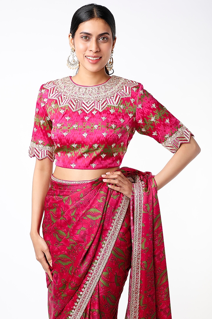 Cherry Red Satin Digital Printed Wedding Saree Set by Punit Balana at Pernia's Pop Up Shop