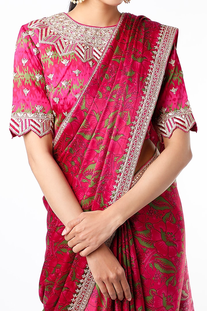 Cherry Red Satin Digital Printed Wedding Saree Set by Punit Balana at Pernia's Pop Up Shop