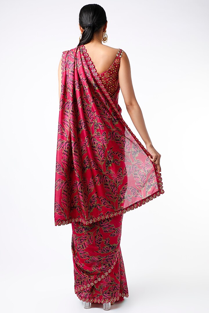 Cherry Red Leaf Printed Wedding Saree Set by Punit Balana at Pernia's Pop Up Shop