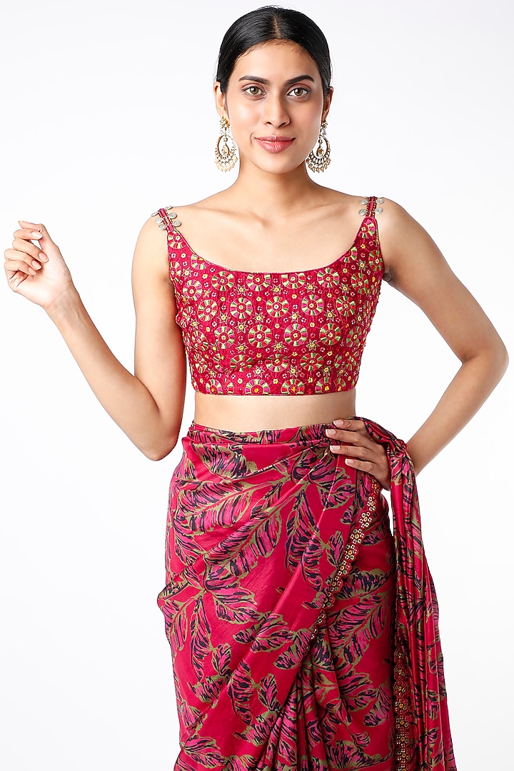 Cherry Red Leaf Printed Wedding Saree Set by Punit Balana at Pernia's Pop Up Shop