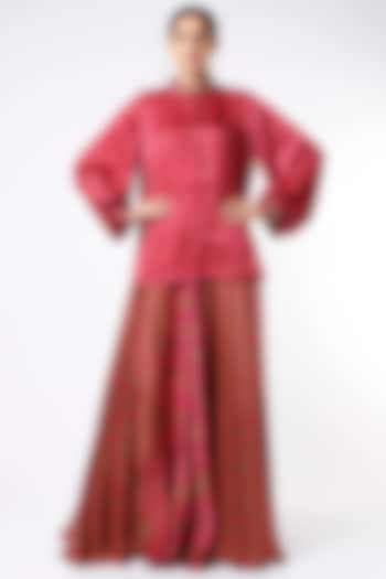 Cherry Red Printed Skirt Set by Punit Balana