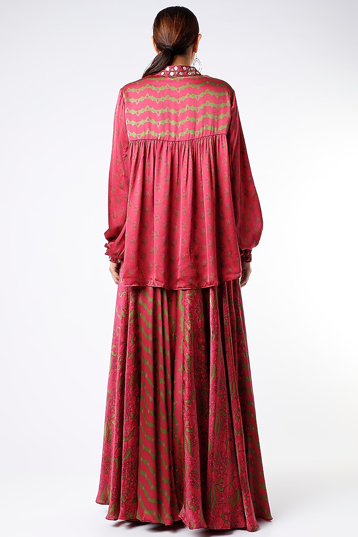 Cherry Red Satin Digital Printed Skirt Set by Punit Balana at Pernia's Pop Up Shop