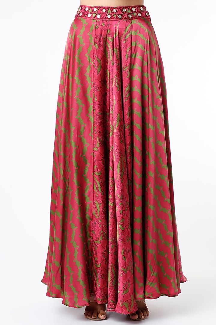 Cherry Red Satin Digital Printed Skirt Set by Punit Balana at Pernia's Pop Up Shop