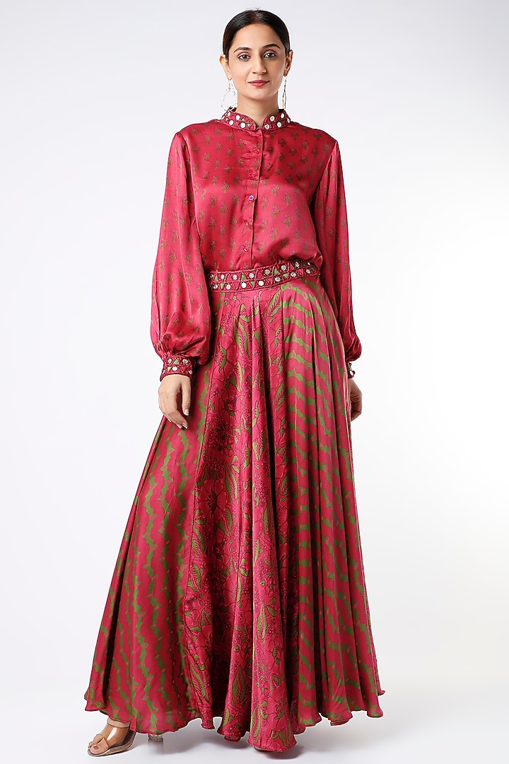 Cherry Red Satin Digital Printed Skirt Set by Punit Balana at Pernia's Pop Up Shop