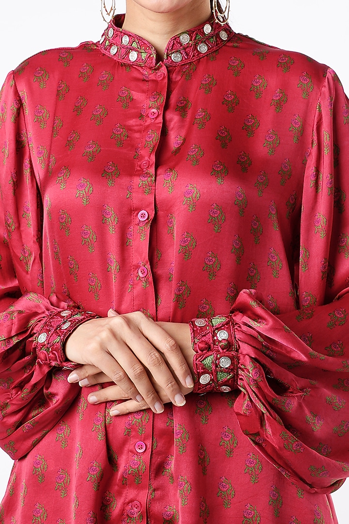 Cherry Red Satin Digital Printed Skirt Set by Punit Balana at Pernia's Pop Up Shop