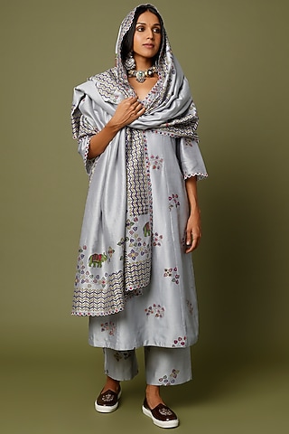 Grey Printed & Embroidered Kurta Set by Punit Balana