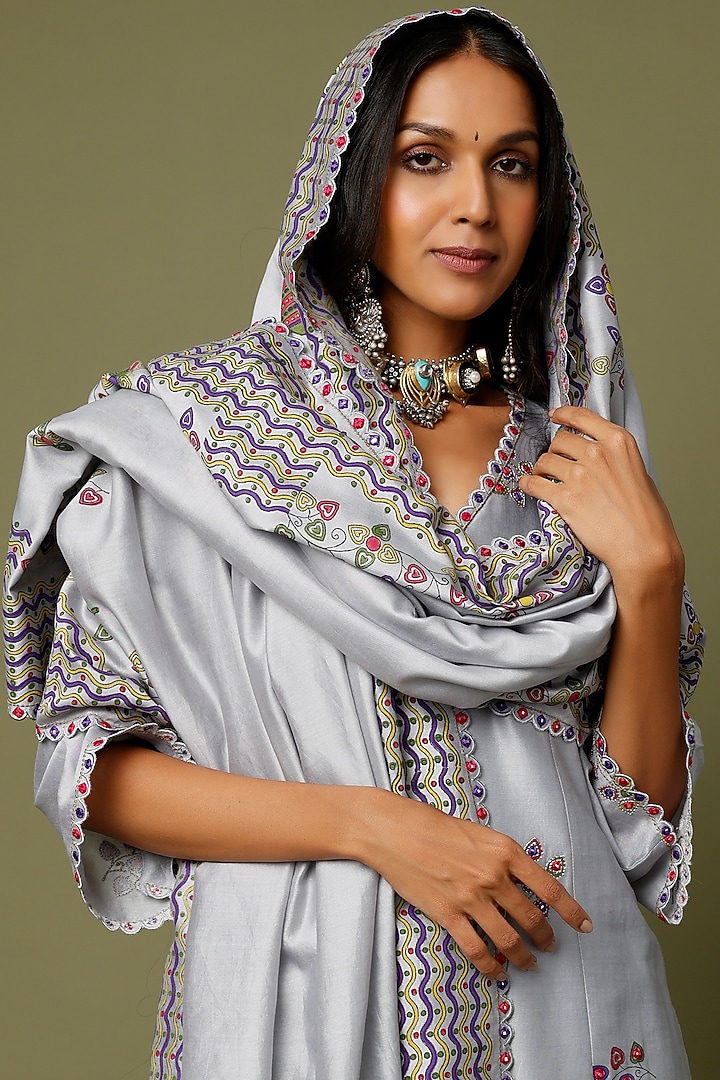 Grey Printed & Embroidered Kurta Set by Punit Balana at Pernia's Pop Up Shop