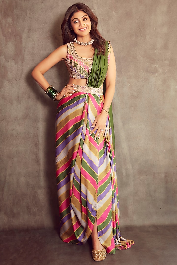 Multi-Colored Satin Silk Stripe Printed Pre-Stitched Saree Set by Punit Balana