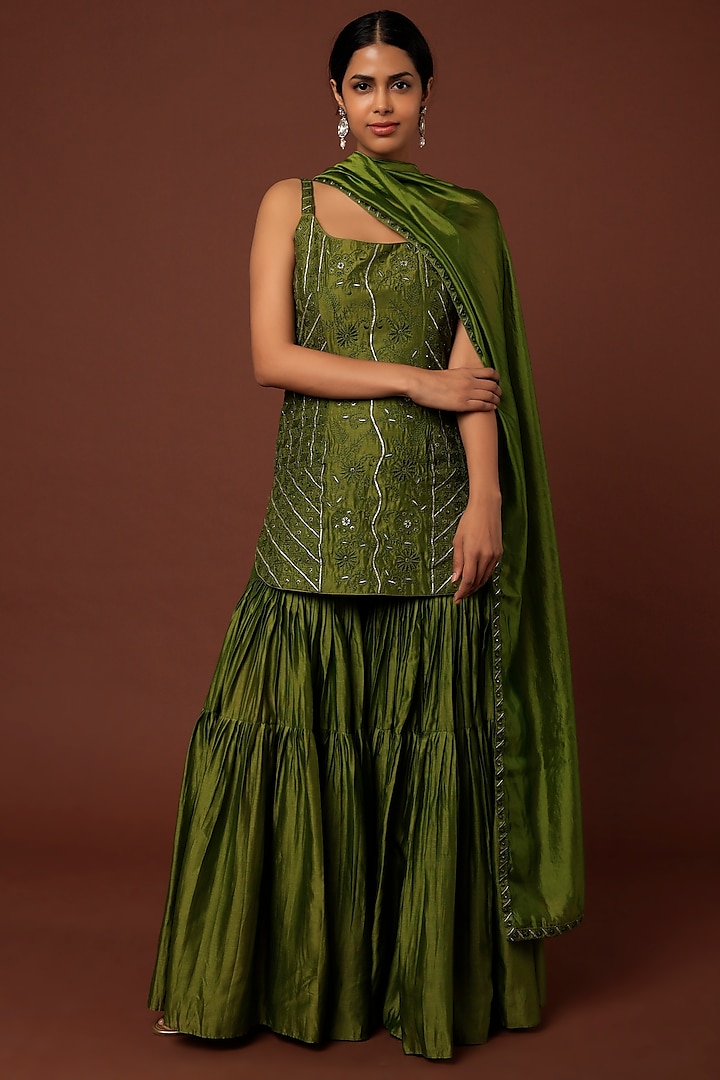 Dark Green Embroidered Gharara Set by Punit Balana