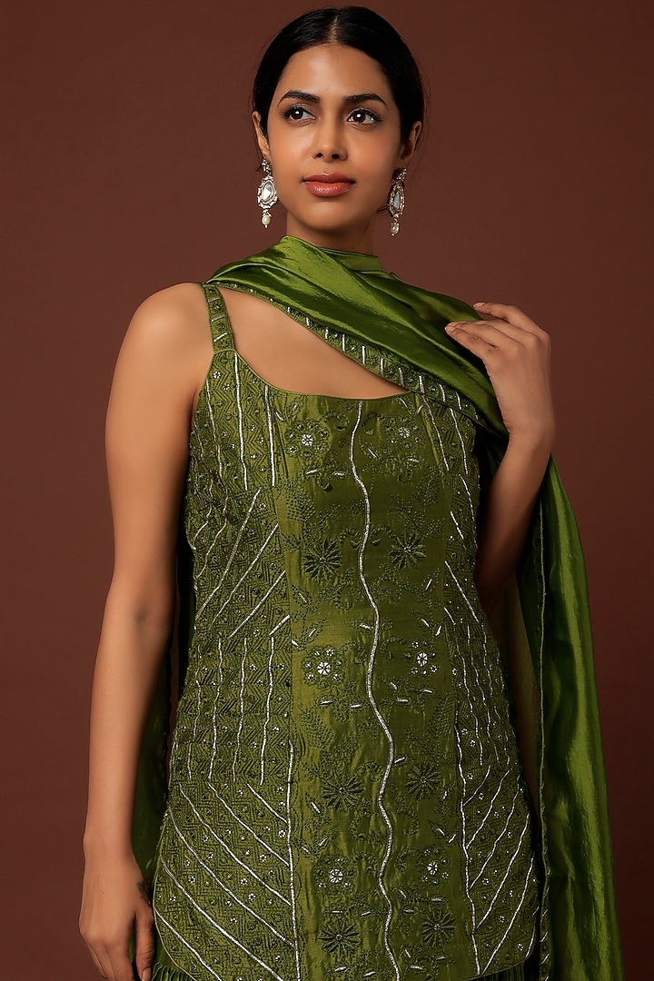 Dark Green Embroidered Gharara Set by Punit Balana at Pernia's Pop Up Shop