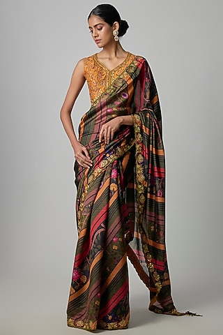 Multi-Colored Organza Silk Marodi Work & Printed Saree Set by Punit Balana