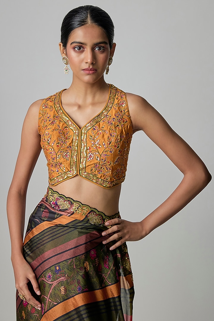 Multi-Colored Organza Silk Marodi Work & Printed Wedding Saree Set by Punit Balana at Pernia's Pop Up Shop