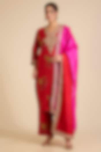 Red Chanderi Silk Marori Work Kurta Set by Punit Balana at Pernia's Pop Up Shop