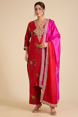 Red Chanderi Silk Marori Work Kurta Set by Punit Balana
