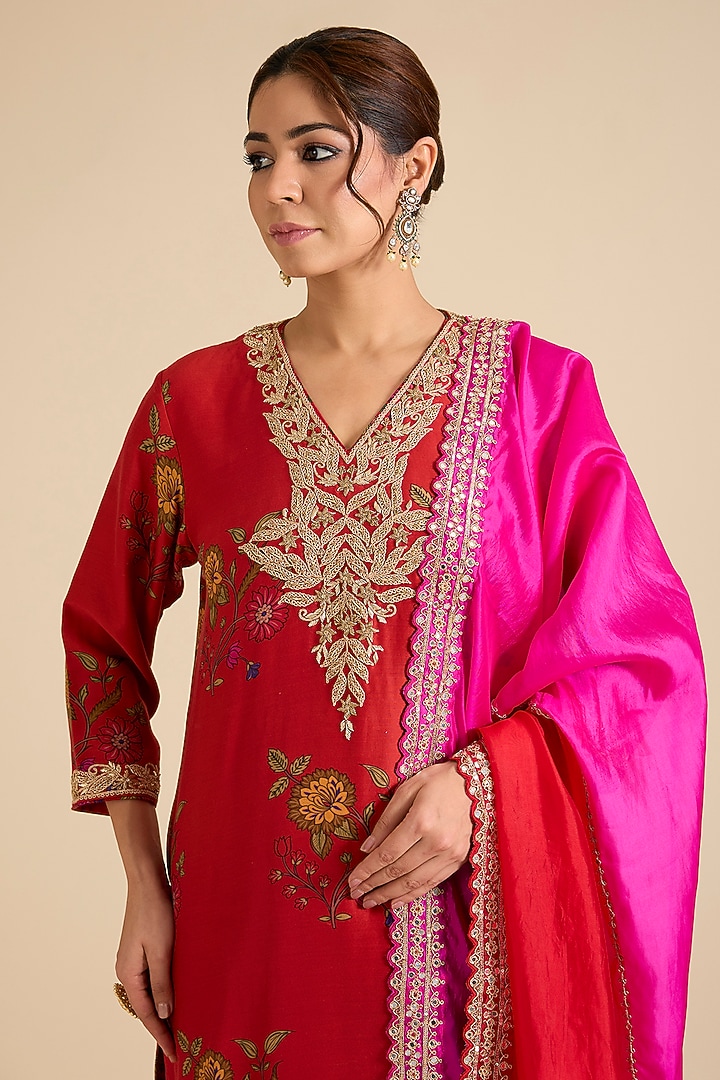Red Chanderi Silk Marori Work Kurta Set by Punit Balana at Pernia's Pop Up Shop