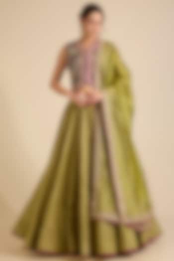 Heena Green Tissue Chanderi Marodi Work Wedding Lehenga Set by Punit Balana at Pernia's Pop Up Shop