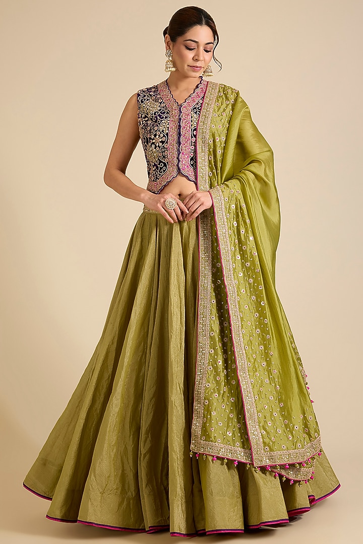 Heena Green Tissue Chanderi Marodi Work Wedding Lehenga Set by Punit Balana at Pernia's Pop Up Shop