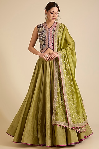 Heena Green Tissue Chanderi Marodi Work Lehenga Set by Punit Balana