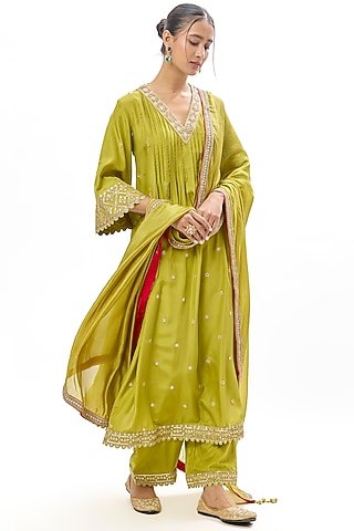Heena Green Pure Silk Marodi Embroidered Choga Kurta Set by Punit Balana