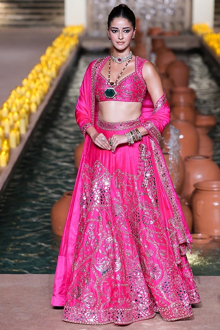Gulabi Pink Raw Silk Tilla Embroidered Bridal Lehenga Set by Punit Balana at Pernia's Pop Up Shop