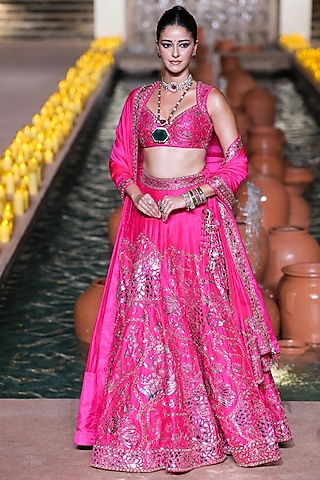 Gulabi Pink Raw Silk Tilla Embroidered Lehenga Set by Punit Balana