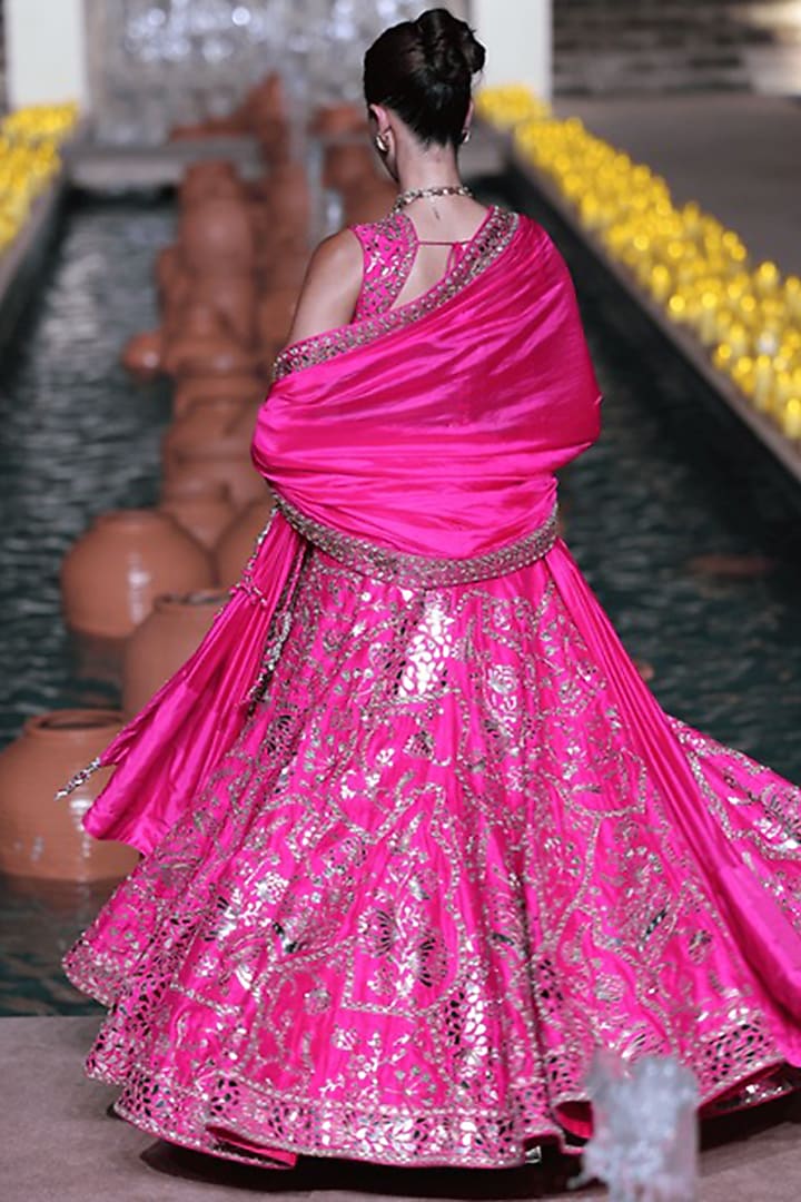 Gulabi Pink Raw Silk Tilla Embroidered Bridal Lehenga Set by Punit Balana at Pernia's Pop Up Shop