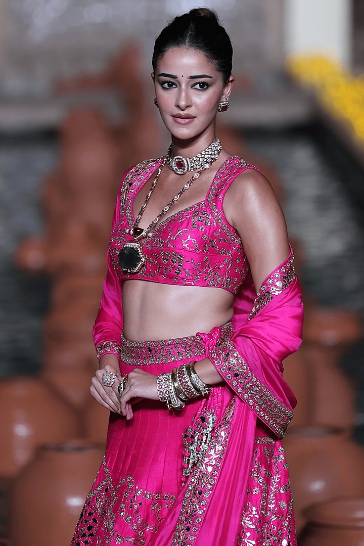 Gulabi Pink Raw Silk Tilla Embroidered Bridal Lehenga Set by Punit Balana at Pernia's Pop Up Shop