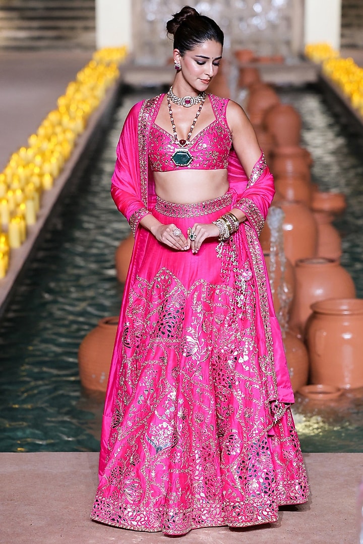 Gulabi Pink Raw Silk Tilla Embroidered Bridal Lehenga Set by Punit Balana at Pernia's Pop Up Shop