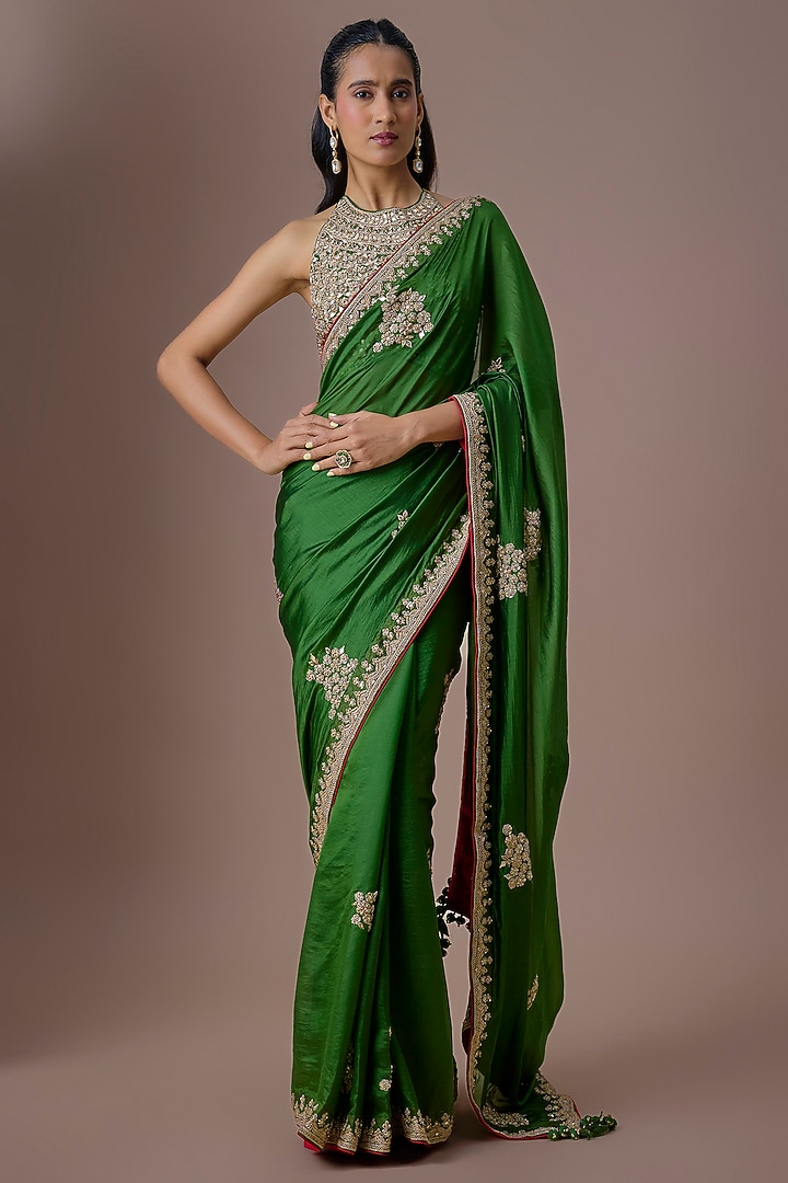 Kaccha Aam Green Organza Silk Marodi Work Reception Saree Set by Punit Balana at Pernia's Pop Up Shop