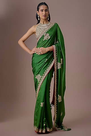 Kaccha Aam Green Organza Silk Marodi Work Saree Set by Punit Balana