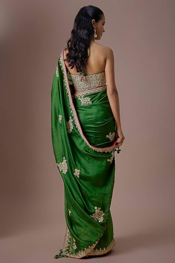 Kaccha Aam Green Organza Silk Marodi Work Reception Saree Set by Punit Balana at Pernia's Pop Up Shop