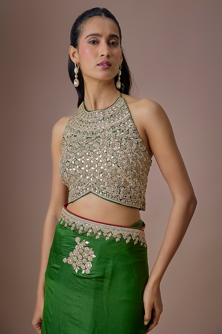 Kaccha Aam Green Organza Silk Marodi Work Reception Saree Set by Punit Balana at Pernia's Pop Up Shop